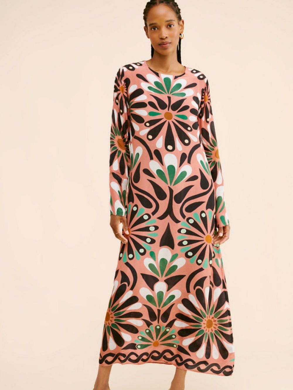 Farm Rio Ainika Flowers Long Sleeve Maxi Dress Pink & Green Medium